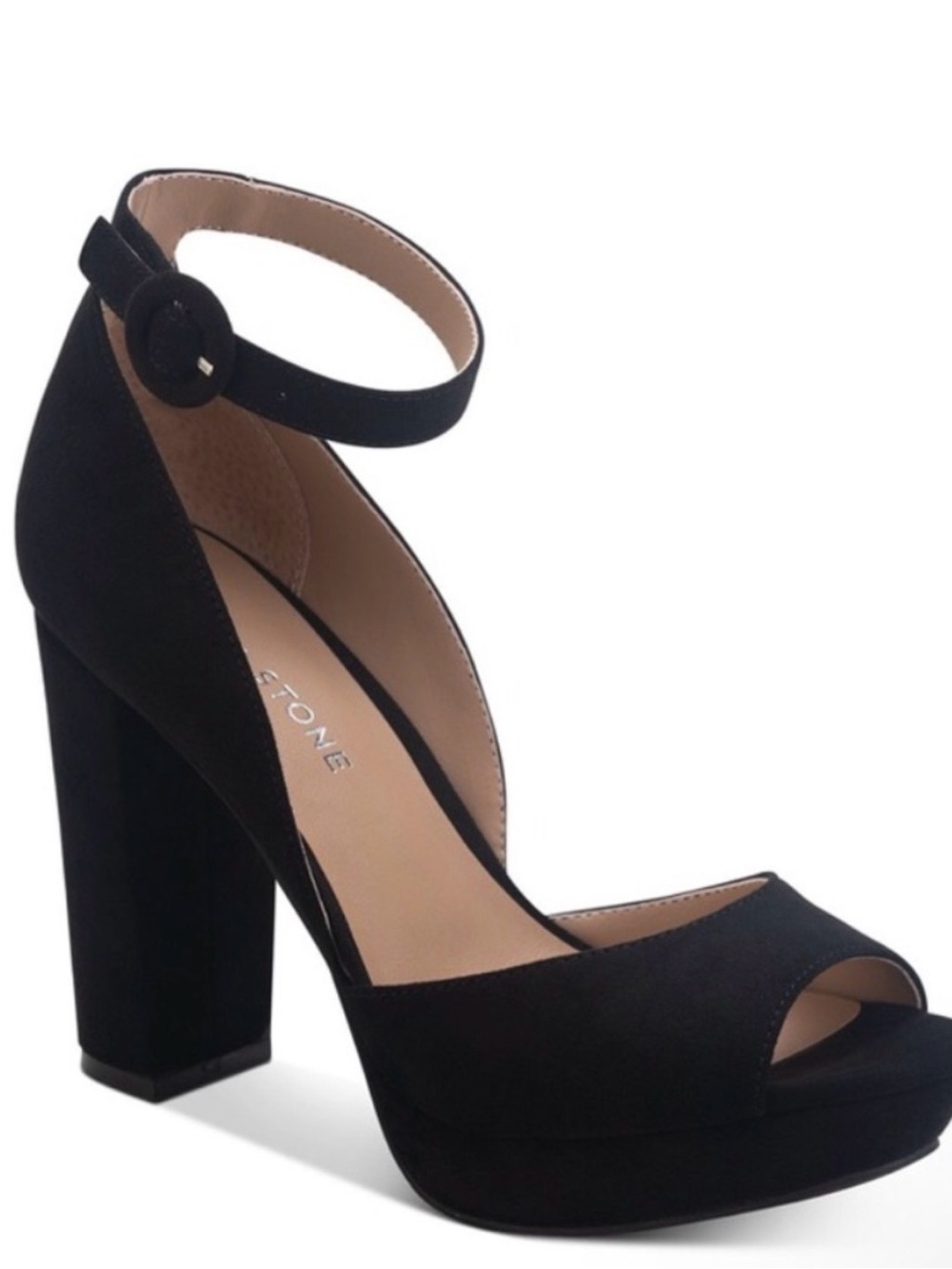 Sun + Stone Black Suede Ankle-Strap Peep-Toe Platform Heels